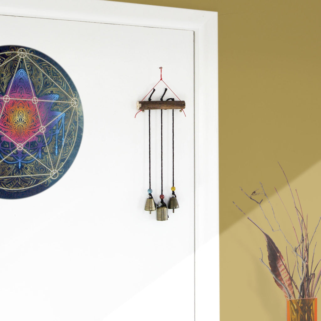 Witch's Bell: Three Bells on Long Black Cords Hanging from Branch - Handcrafted | Decorative Bells | Wiccan Center