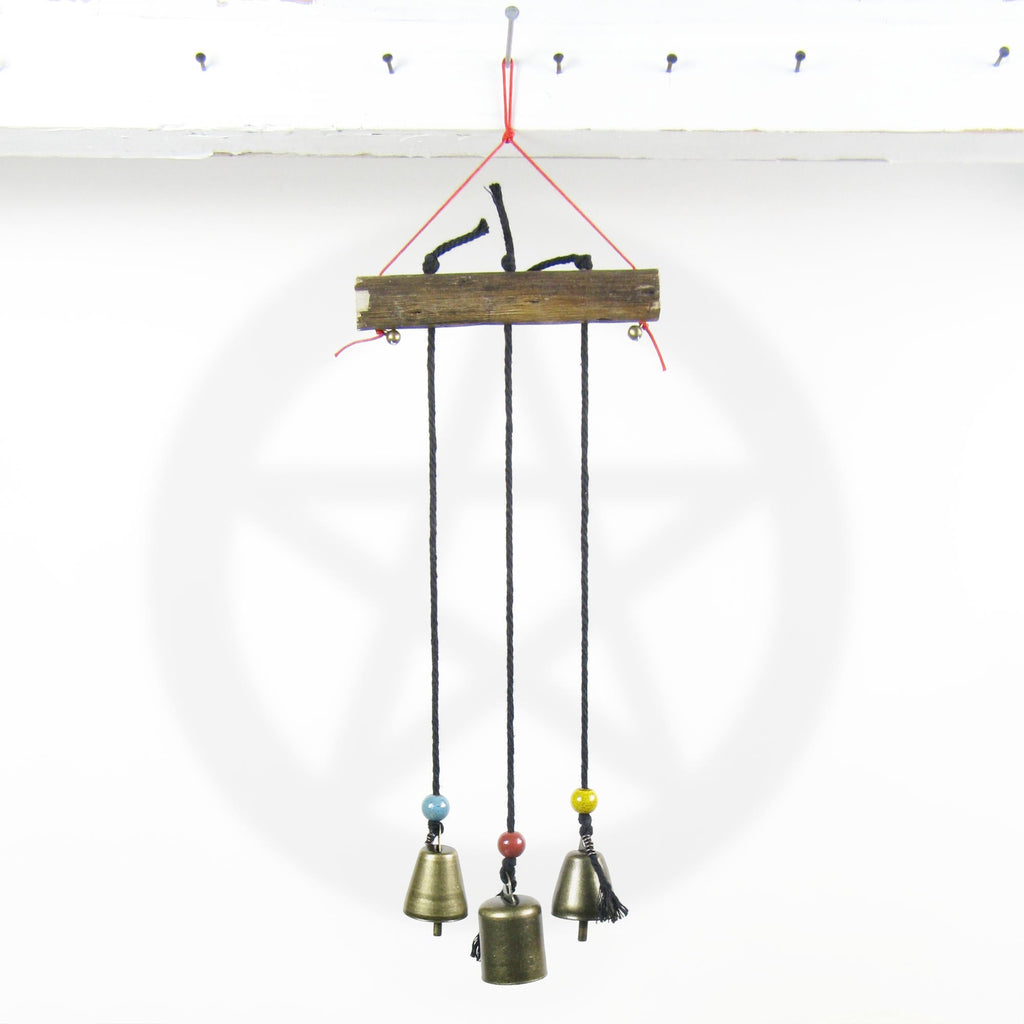 Witch's Bell: Three Bells on Long Black Cords Hanging from Branch - Handcrafted | Decorative Bells | Wiccan Center