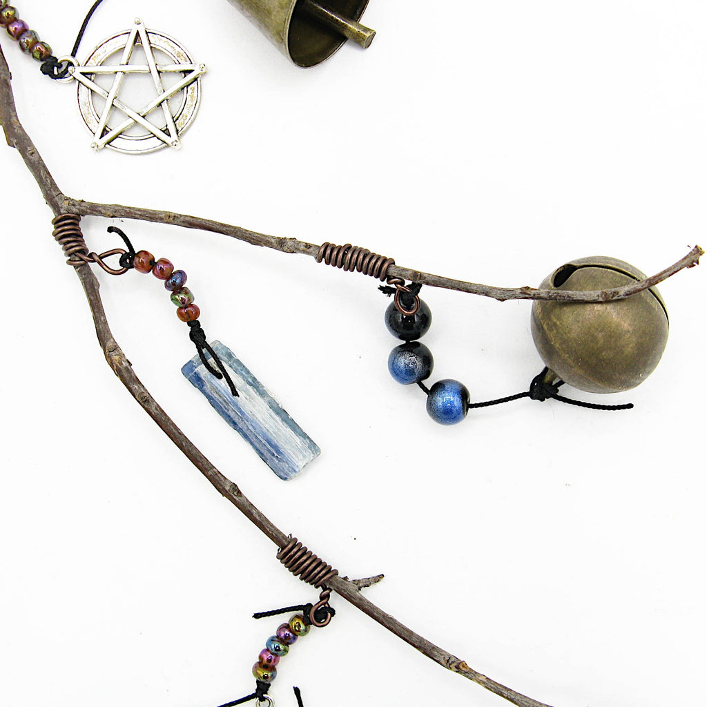 Witch's Bell: Branch, Pentagram, Evil Eye, Quartz, & Kyanite - Handcrafted | Decorative Bells | Wiccan Center