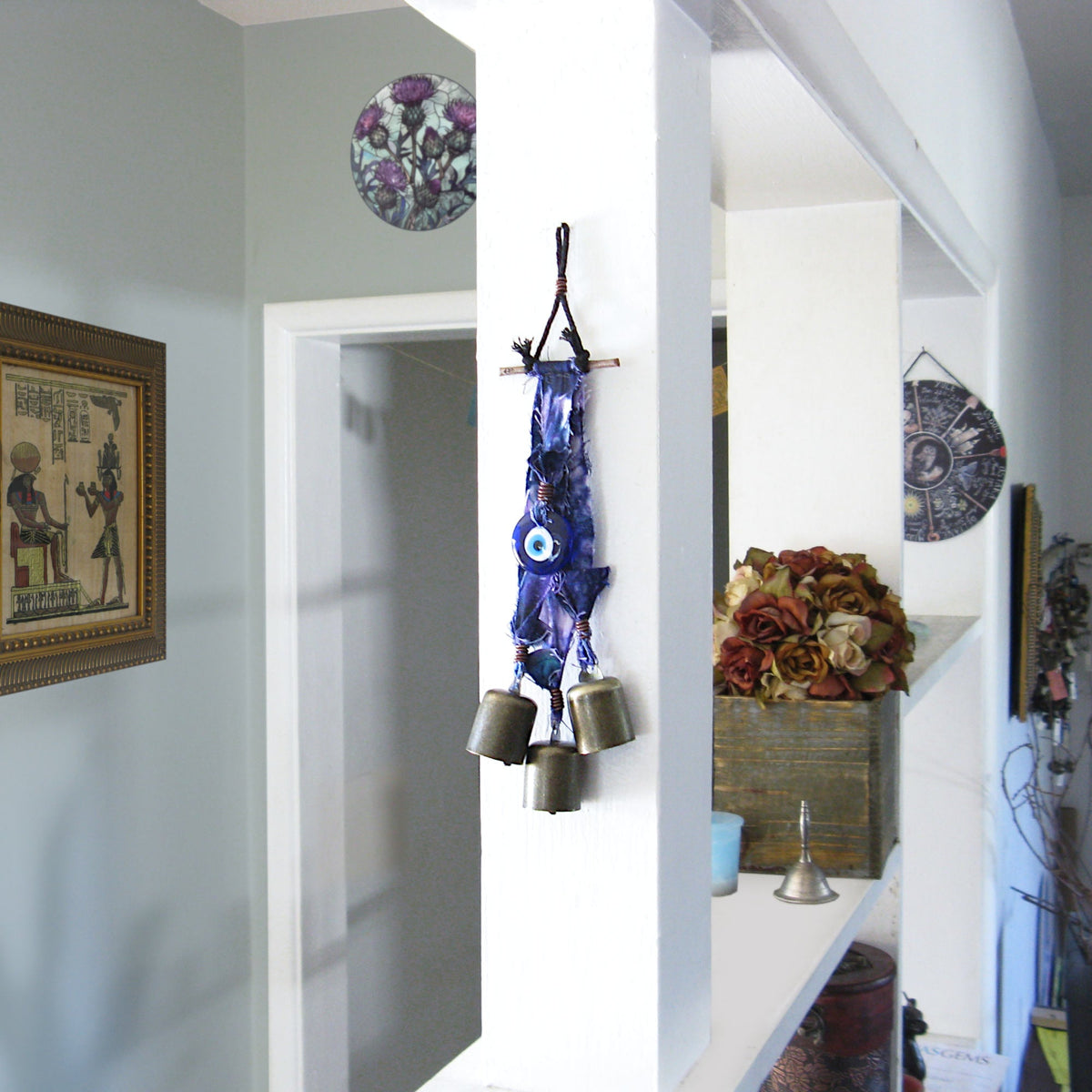 Witch's Bell: Batik Strips, Protective Evil Eye and Twig - Handcrafted | Decorative Bells | Wiccan Center