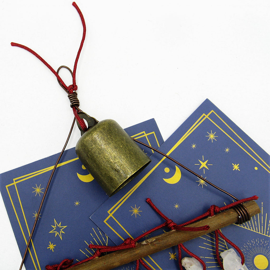 Witch's Bell with 5 Quartz Crystal Points and Twig - Handcrafted | Decorative Bells | Wiccan Center