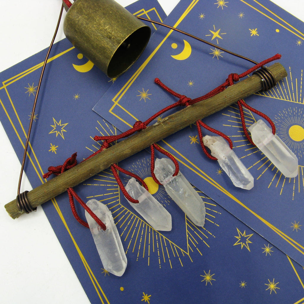 Witch's Bell with 5 Quartz Crystal Points and Twig - Handcrafted | Decorative Bells | Wiccan Center