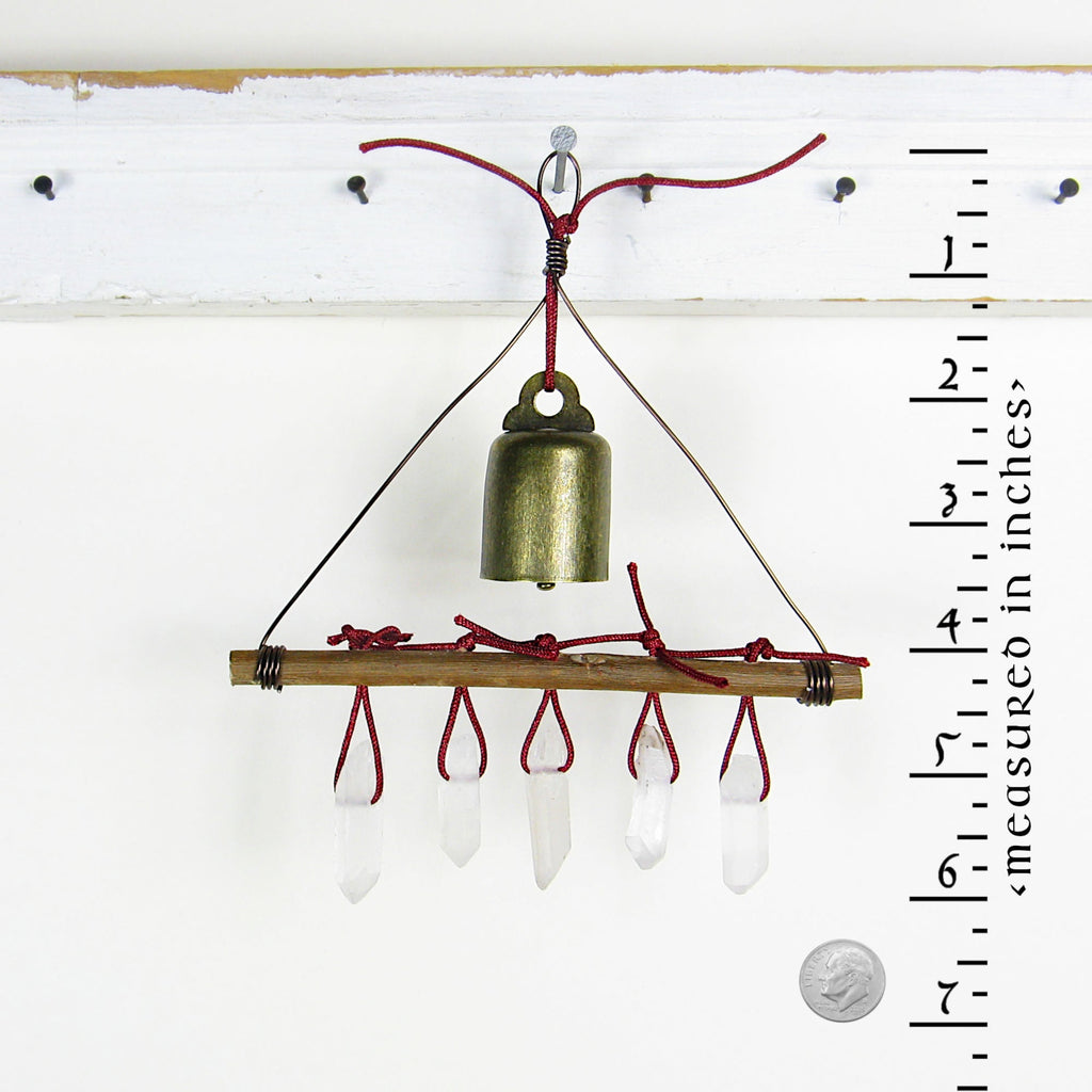 Witch's Bell with 5 Quartz Crystal Points and Twig - Handcrafted | Decorative Bells | Wiccan Center