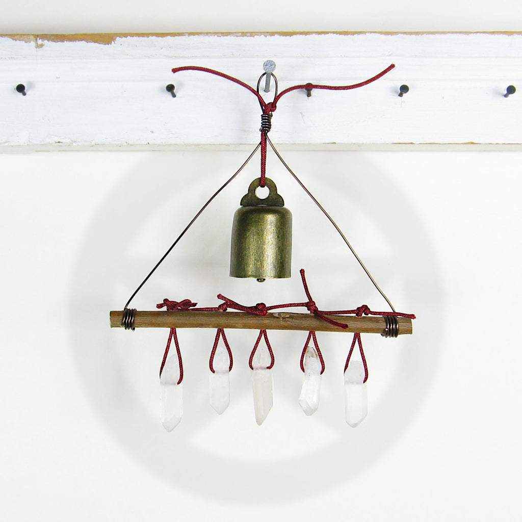 Witch's Bell with 5 Quartz Crystal Points and Twig - Handcrafted | Decorative Bells | Wiccan Center