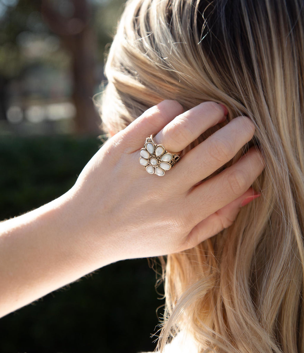 White Hibiscus Mother of Pearl and Golden Ring | Rings | Wiccan Center
