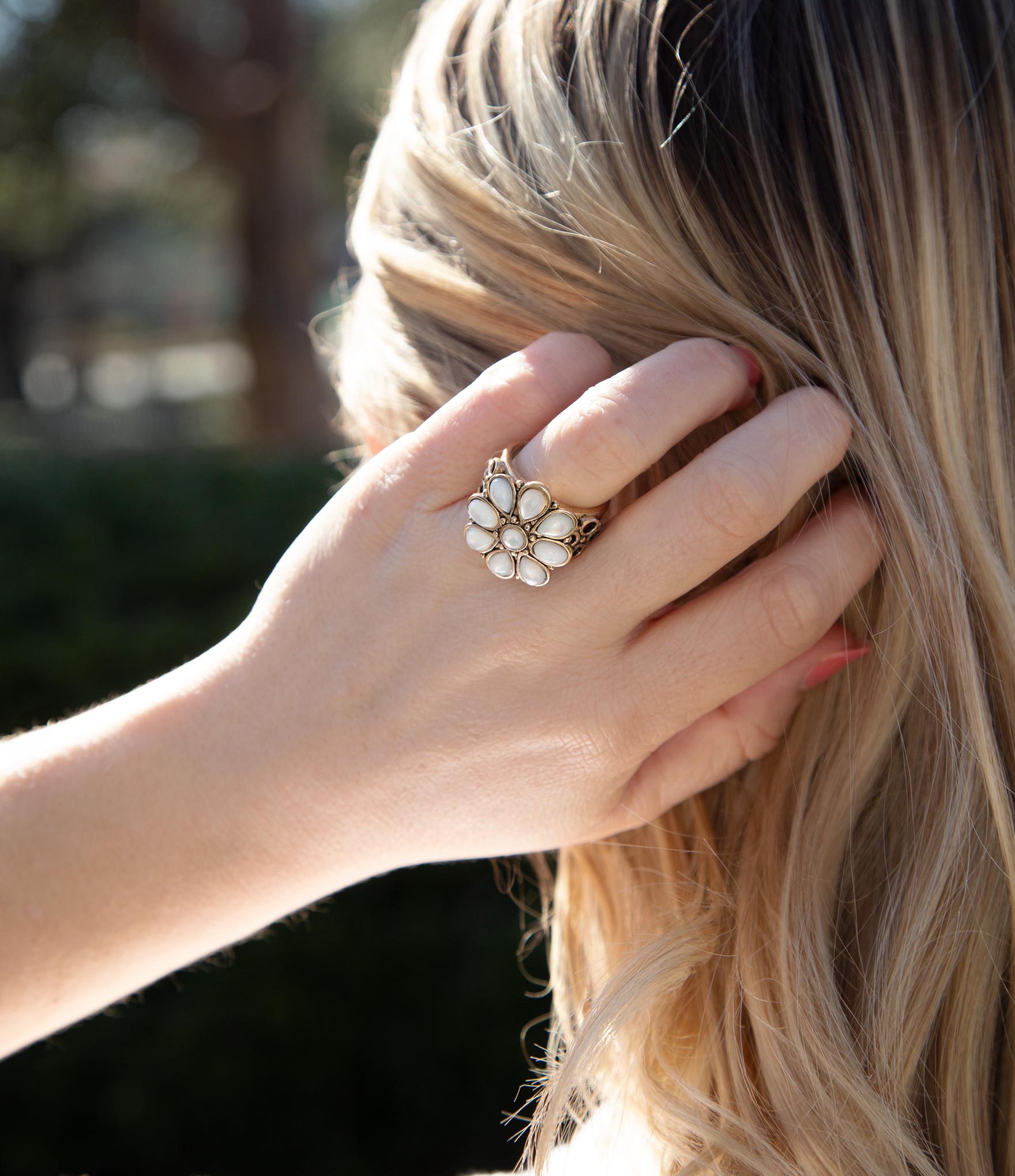 White Hibiscus Mother of Pearl and Golden Ring | Rings | Wiccan Center