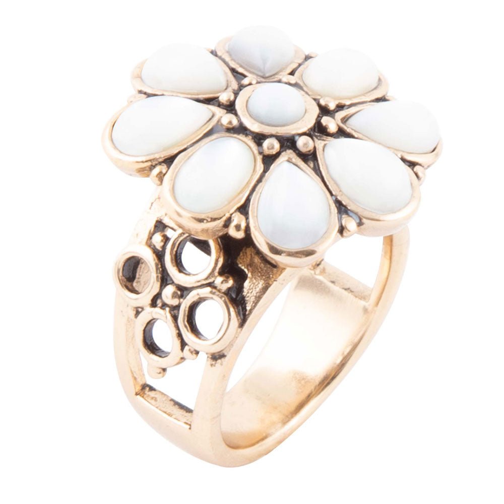 White Hibiscus Mother of Pearl and Golden Ring | Rings | Wiccan Center