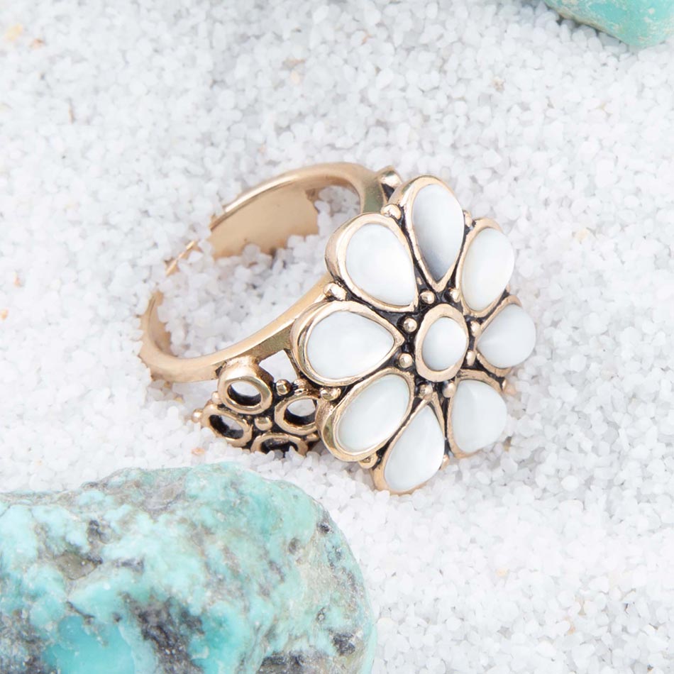 White Hibiscus Mother of Pearl and Golden Ring | Rings | Wiccan Center