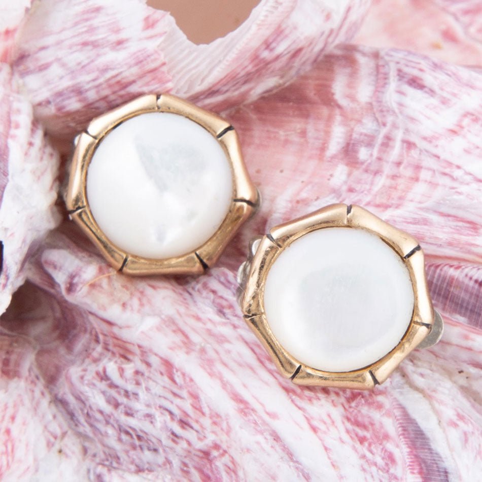 White Mother of Pearl Golden Bamboo Clip Earrings | Earrings | Wiccan Center