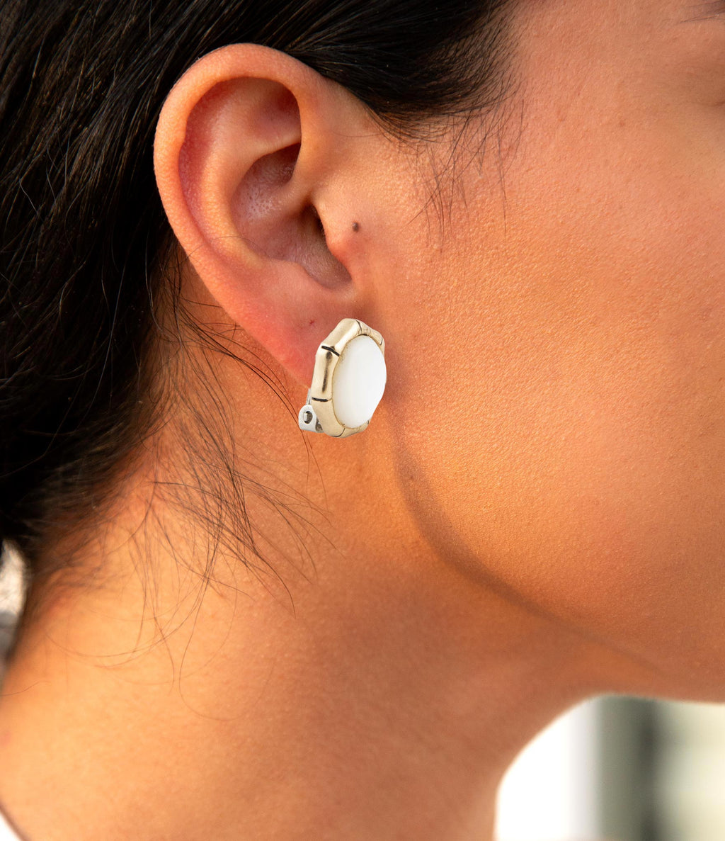 White Mother of Pearl Golden Bamboo Clip Earrings | Earrings | Wiccan Center