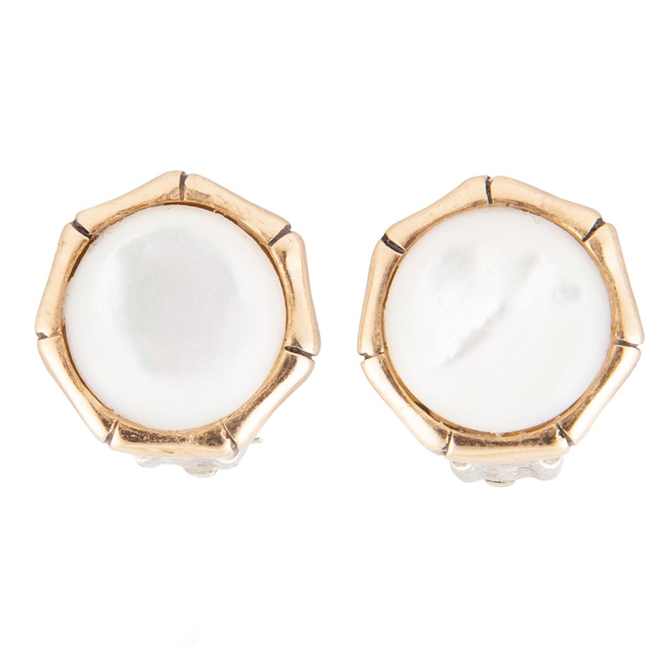 White Mother of Pearl Golden Bamboo Clip Earrings | Earrings | Wiccan Center