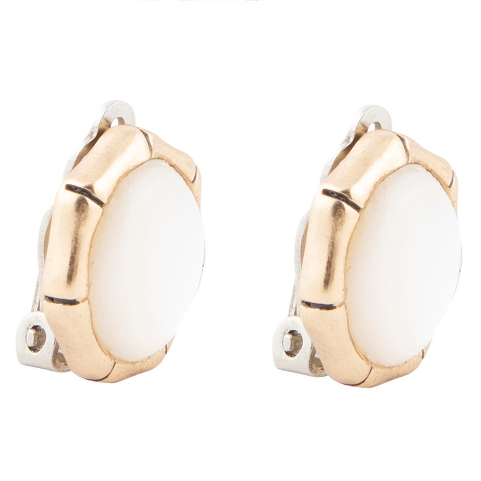 White Mother of Pearl Golden Bamboo Clip Earrings | Earrings | Wiccan Center
