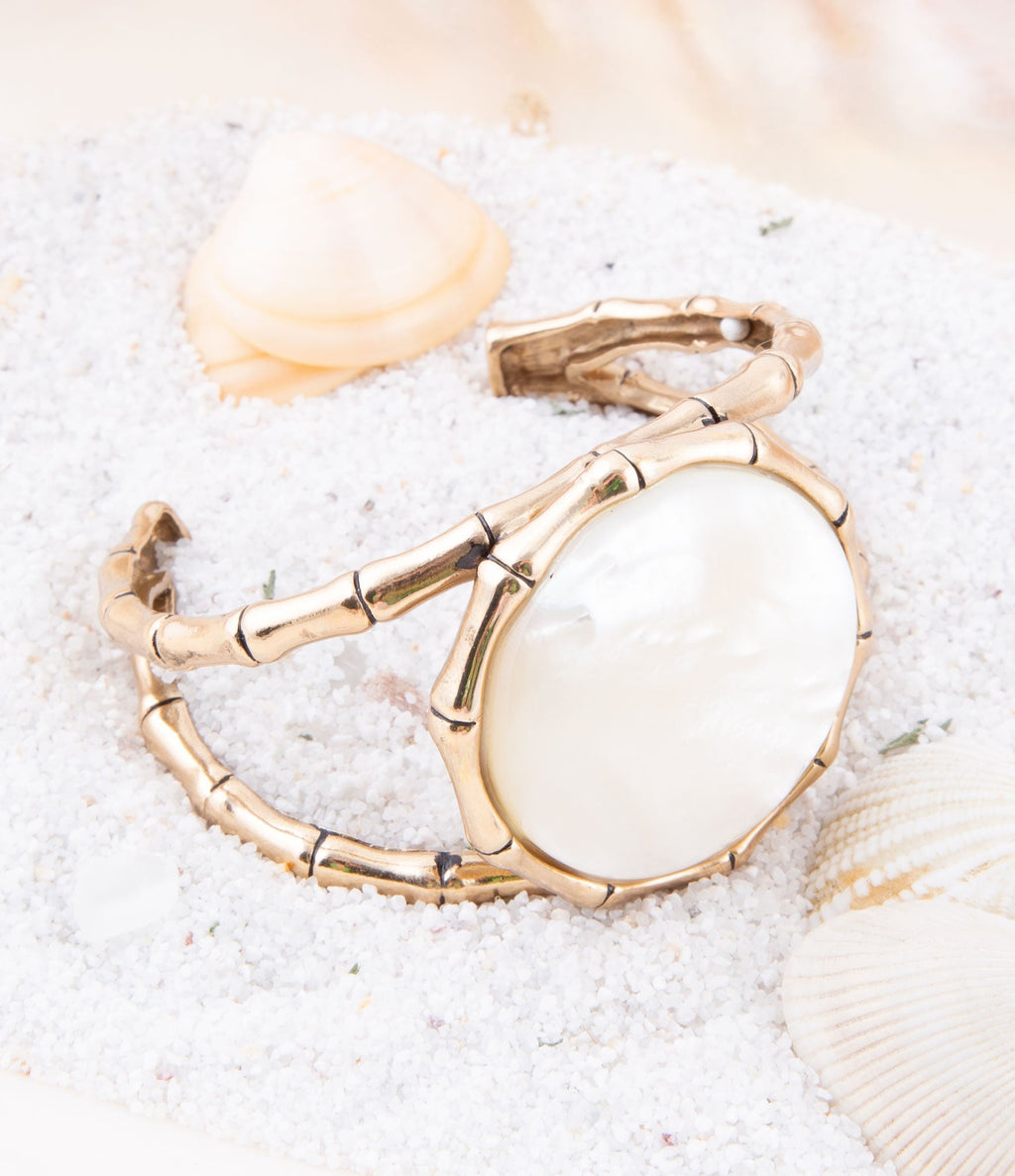 White Mother of Pearl Golden Bamboo Cuff Bracelet | Bracelets | Wiccan Center