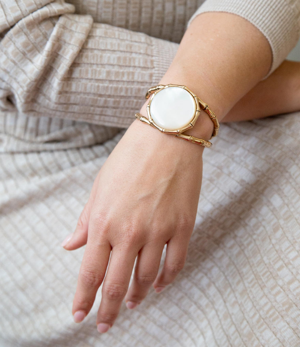 White Mother of Pearl Golden Bamboo Cuff Bracelet | Bracelets | Wiccan Center