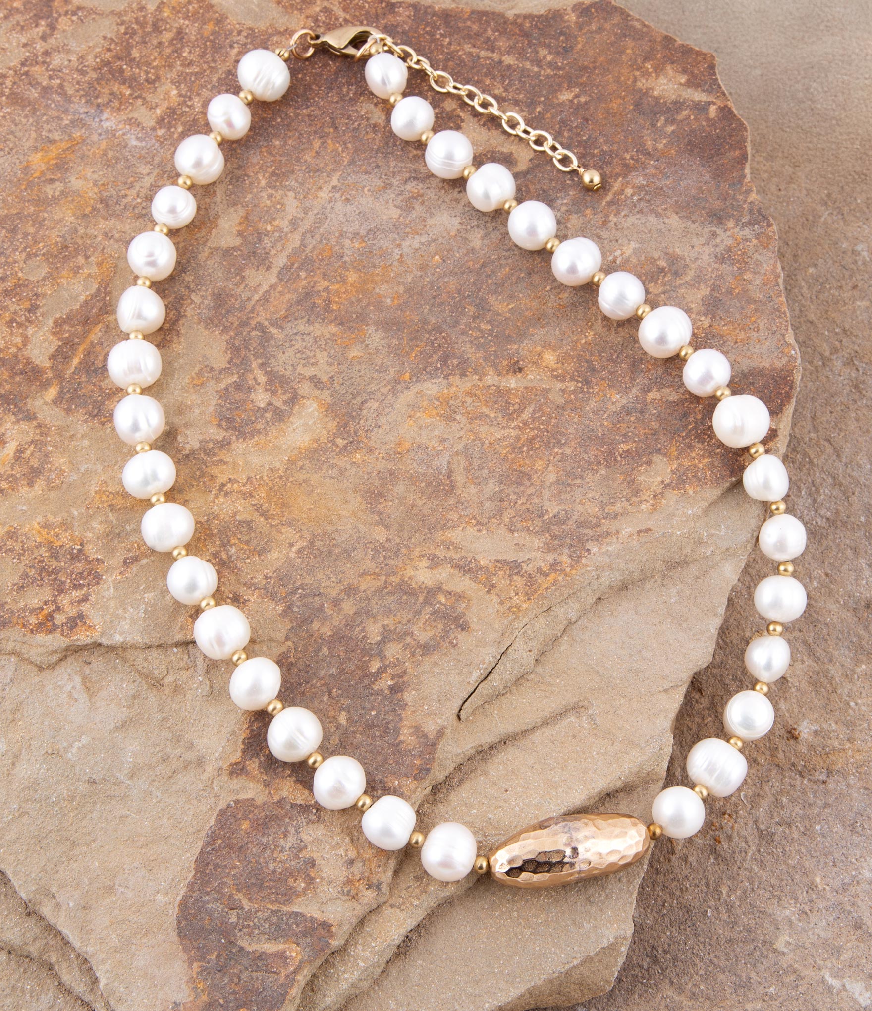 White Pearl Golden Beaded Strand Necklace | Necklaces | Wiccan Center