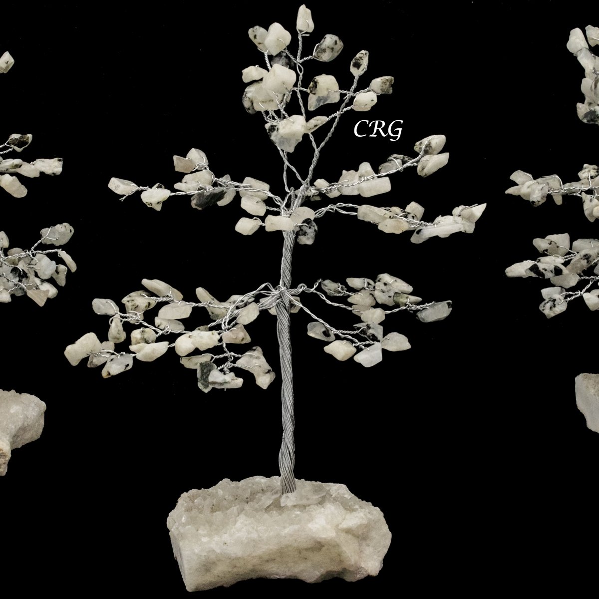 White Rainbow Moonstone 100 Chip Tree with Cut Cluster Base (1 Piece) Size 6 Inches Silver Wire Gemstone Tree