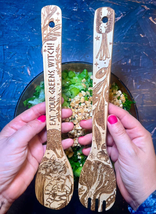 "Eat Your Greens, Witch" Engraved Bamboo Salad Server Set | Kitchen | Wiccan Center