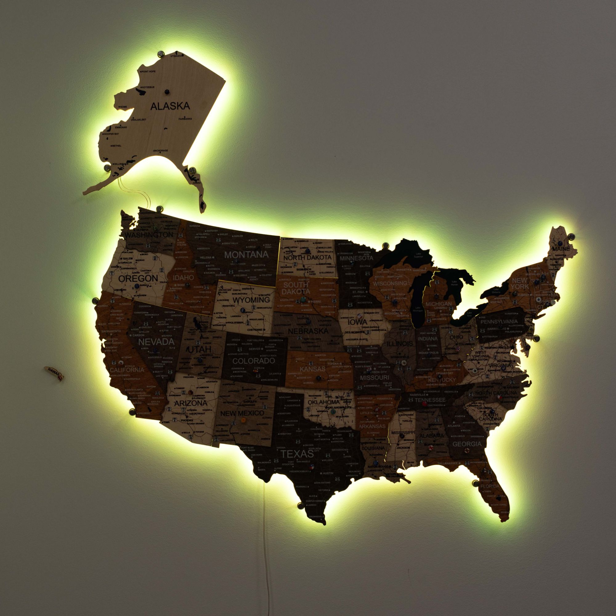 Wooden 3D LED Map of USA - Multicolor
