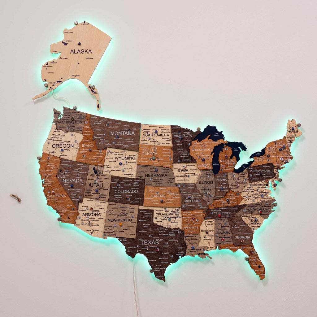 Wooden 3D LED Map of USA - Multicolor