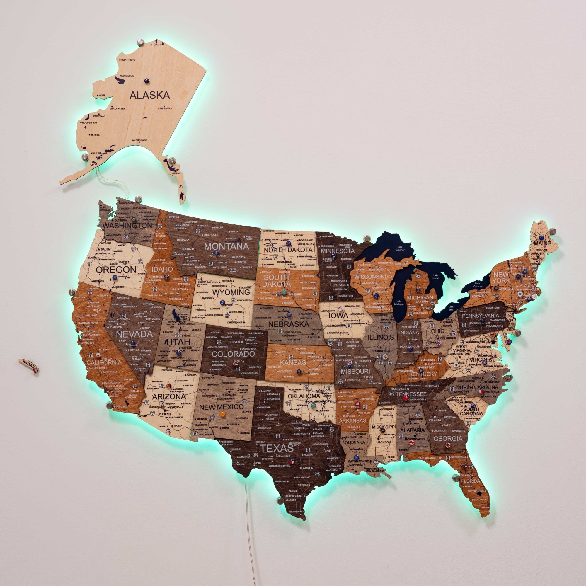 Wooden 3D LED Map of USA - Multicolor