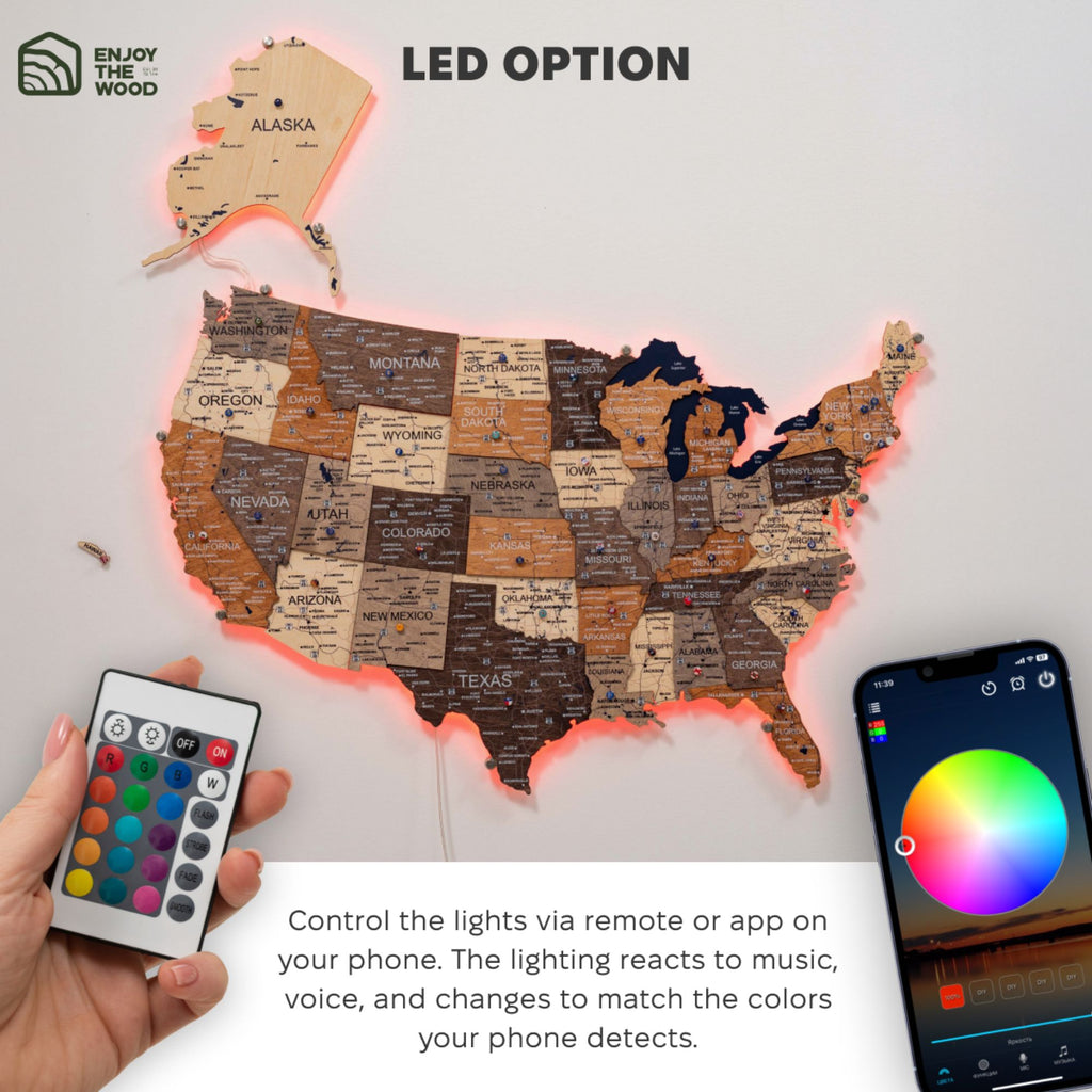 Wooden 3D LED Map of USA - Multicolor