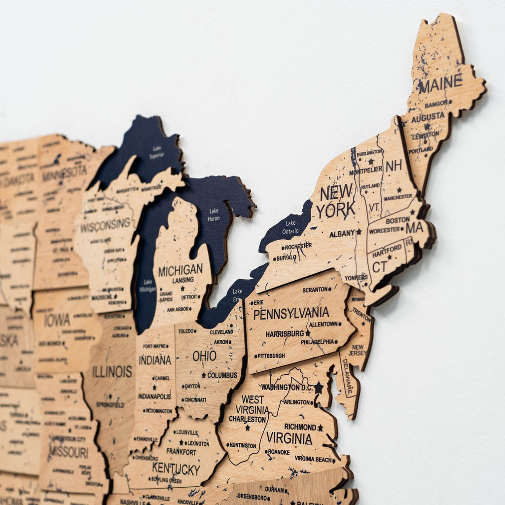 Wooden 3D Map of USA - Gold