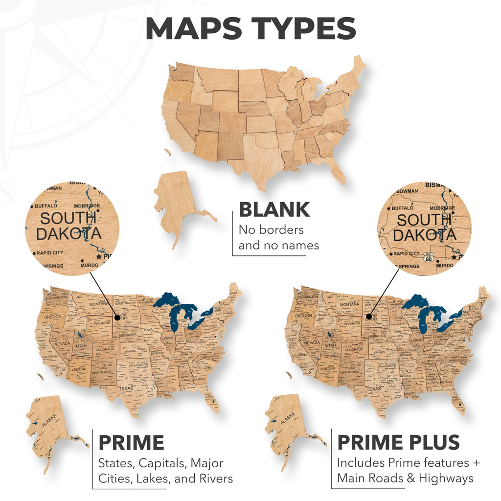Wooden 3D Map of USA - Gold