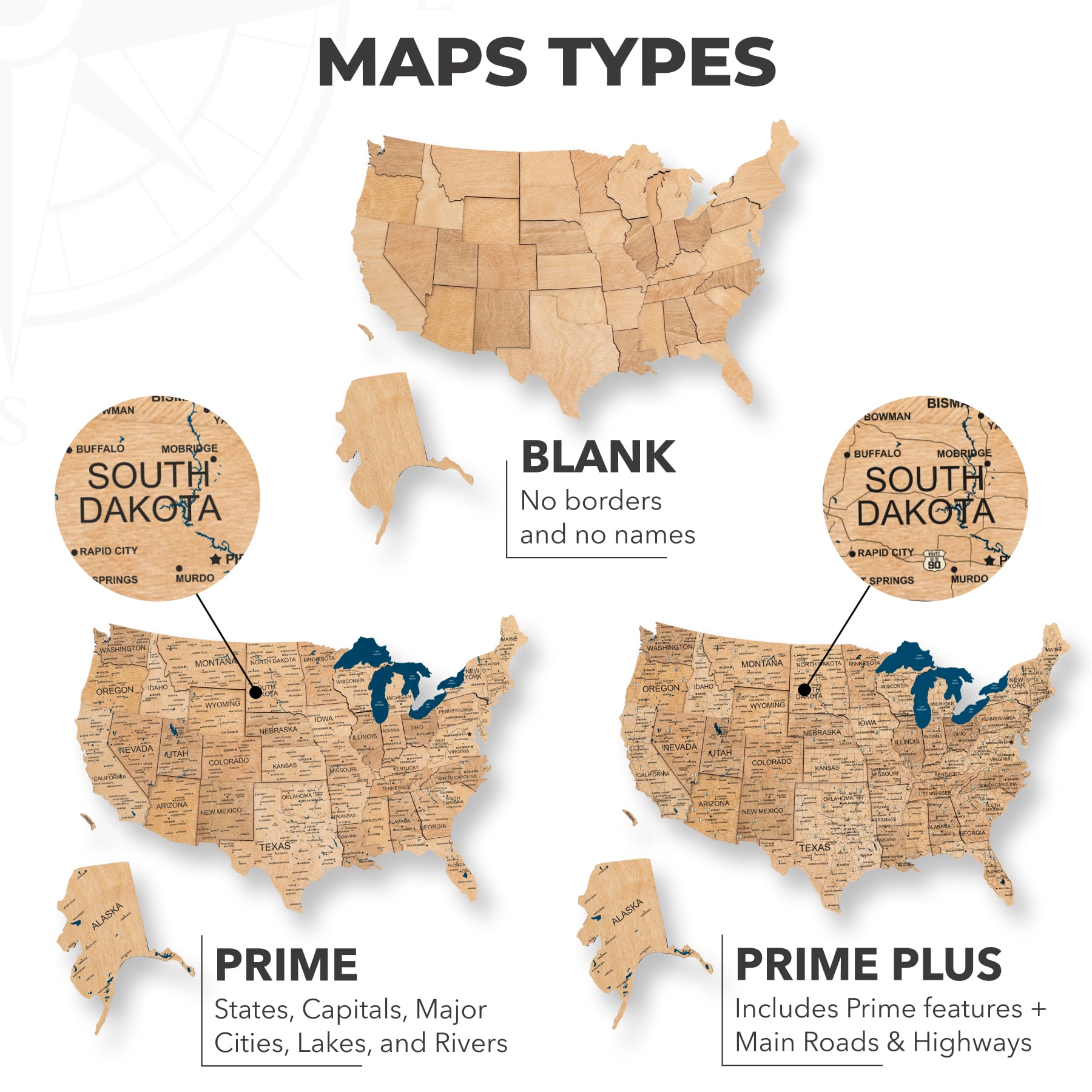 Wooden 3D Map of USA - Gold