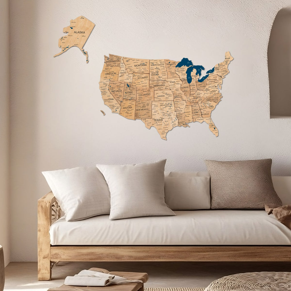 Wooden 3D Map of USA - Gold