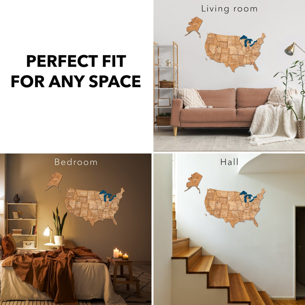 Wooden 3D Map of USA - Oak