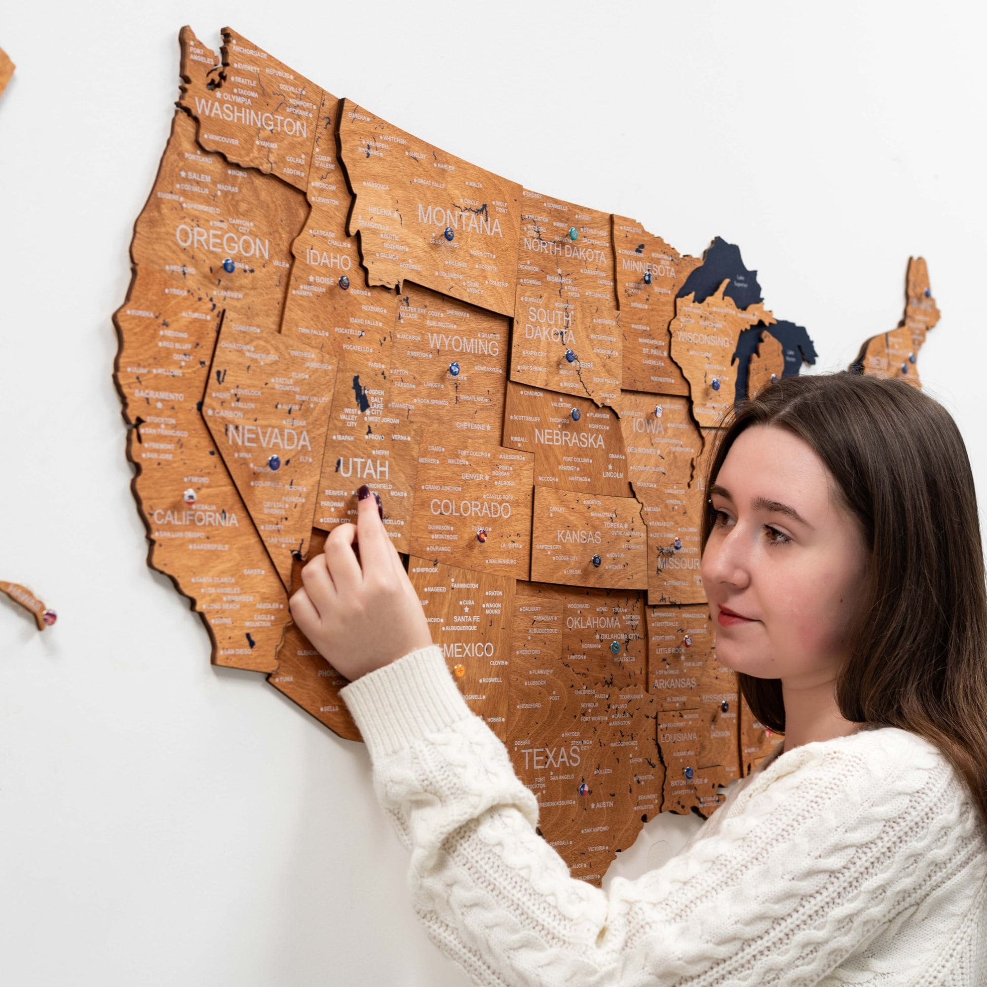 Wooden 3D Map of USA - Oak