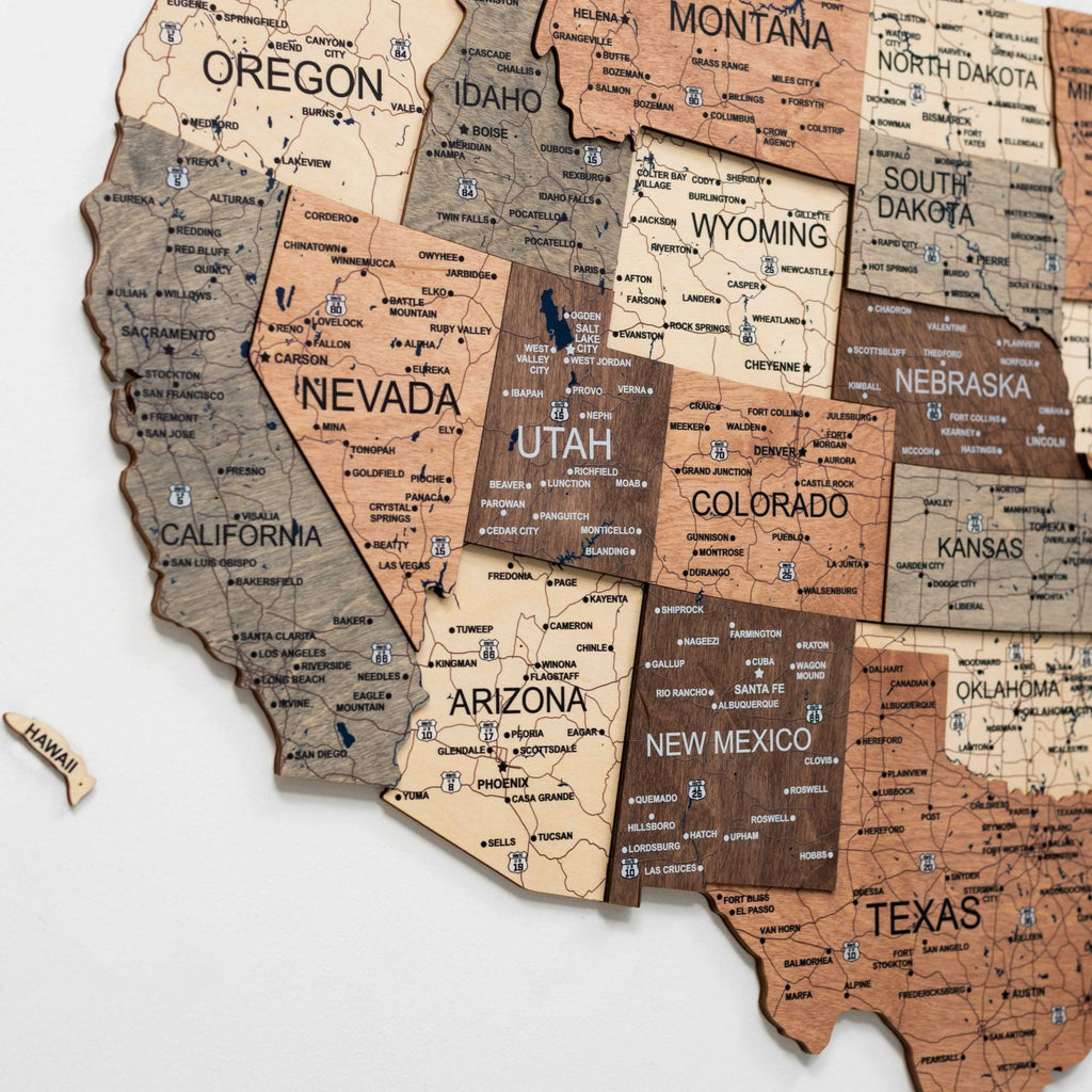 Wooden 3D Map of USA - Smokey