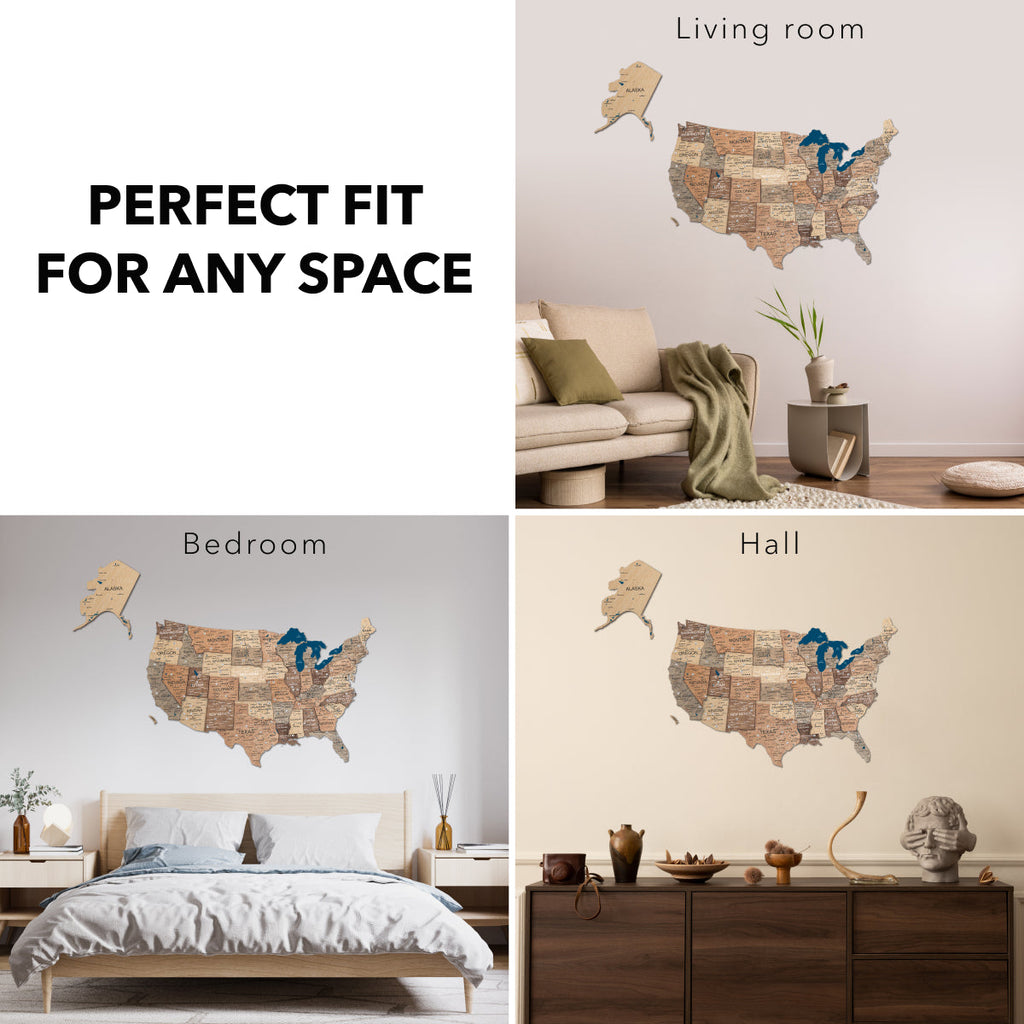 Wooden 3D Map of USA - Smokey