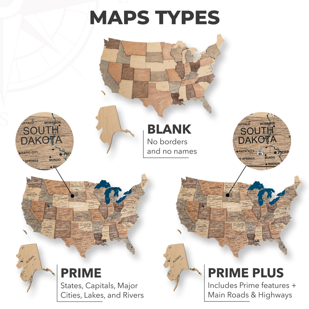 Wooden 3D Map of USA - Smokey