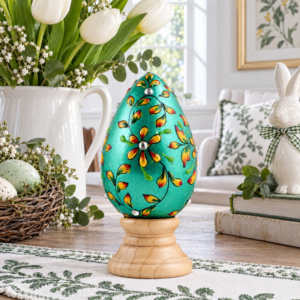 Jeweled Green Flowers Wooden Easter Egg | Easter Eggs > Wooden > Singles | Wiccan Center