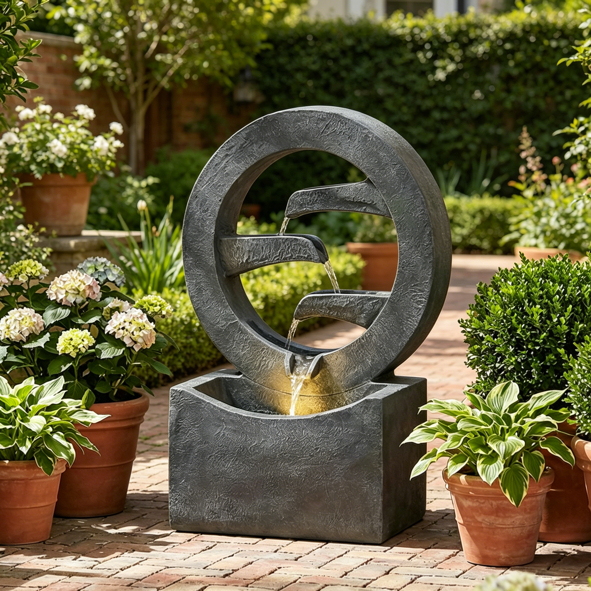 Resin Zen Ring Outdoor Water Fountain with Warm LED