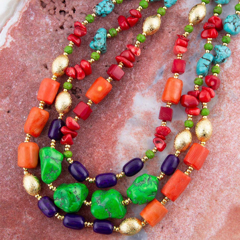 Zion Multi-Color Triple Strand Golden Statement Necklace | Necklaces | Wiccan Center