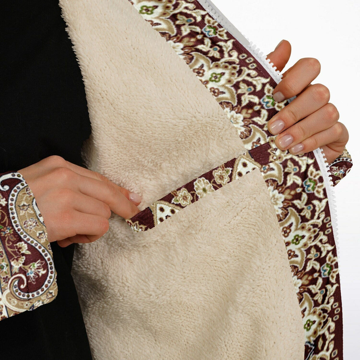 Classic Red Persian Carpet Cuddle Coat | Unisex Minky Sherpa Lined Coat with Hood, Zipper and Pockets | Women and Mens Festival Coat | Mountain Fashion